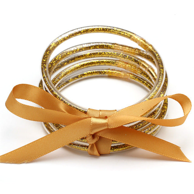 Geometric Silicone Kid's Wristband & Multilayer Gold Powder Ribbon Bracelet Set