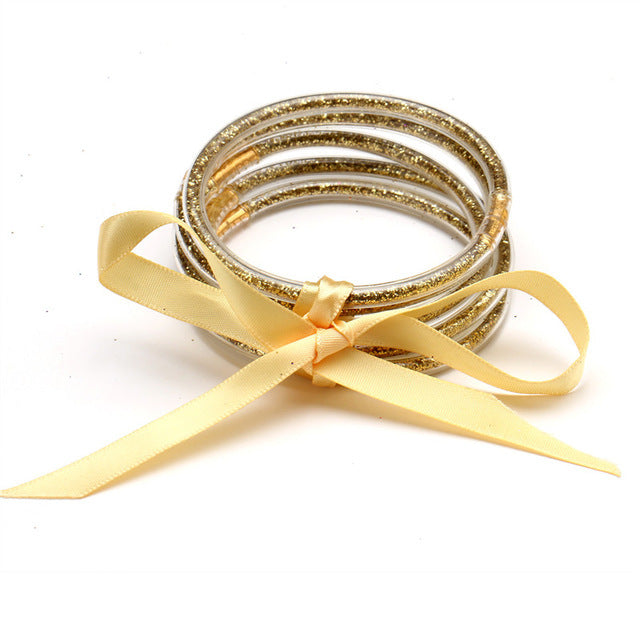 Geometric Silicone Kid's Wristband & Multilayer Gold Powder Ribbon Bracelet Set