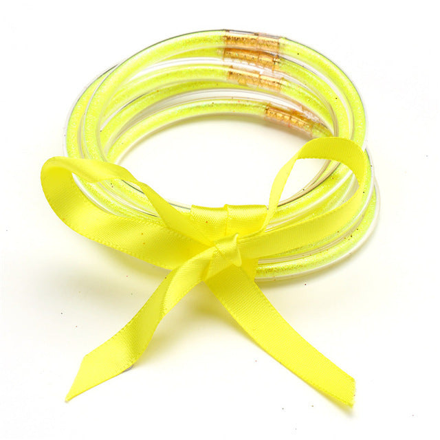 Geometric Silicone Kid's Wristband & Multilayer Gold Powder Ribbon Bracelet Set