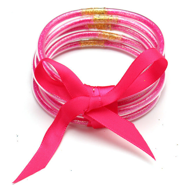 Geometric Silicone Kid's Wristband & Multilayer Gold Powder Ribbon Bracelet Set