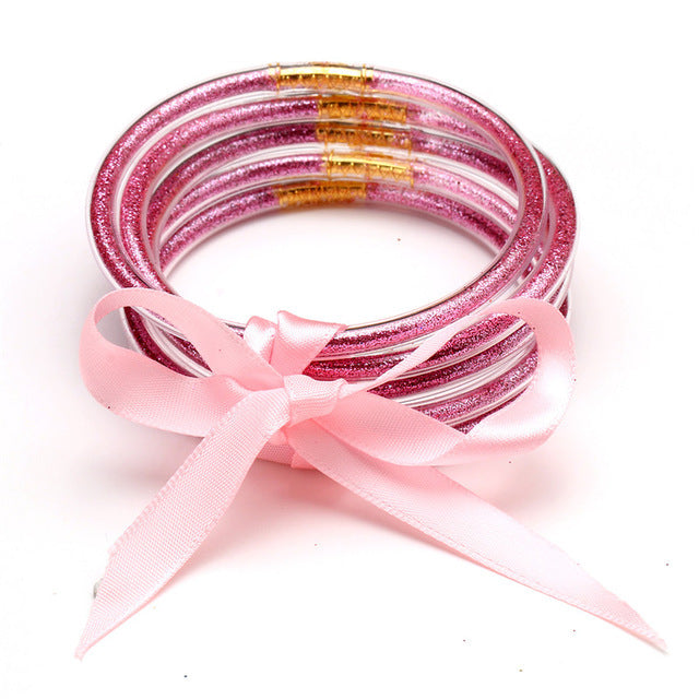 Geometric Silicone Kid's Wristband & Multilayer Gold Powder Ribbon Bracelet Set