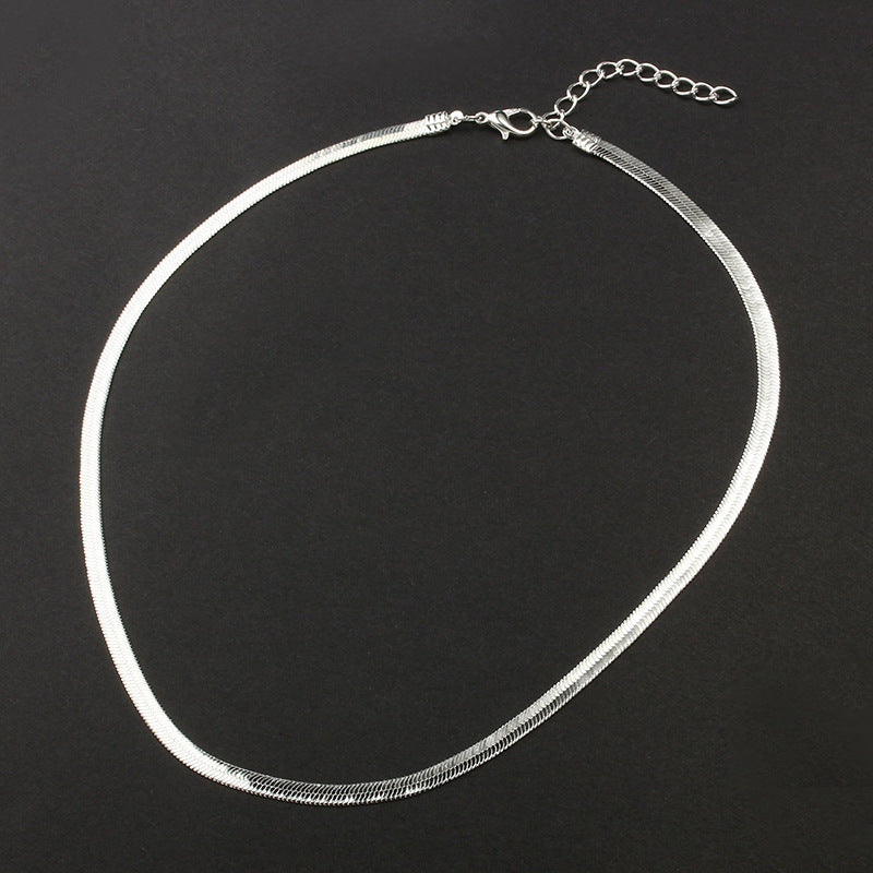 New Flat Snake Bone Chain Bare Chain Simple Silver Collar Short Clavicle Blade Chain Men And Women Jewelry