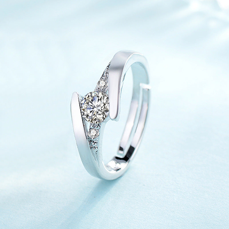 Simple Geometric Silver-Plated Rhinestone Couple Rings