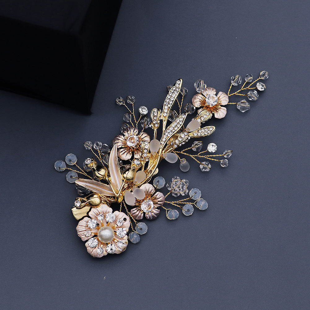 Frosted Crystal Pearl Edge Vintage Golden Flower Hair Clip for Brides