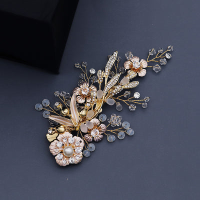 Frosted Crystal Pearl Edge Vintage Golden Flower Hair Clip for Brides