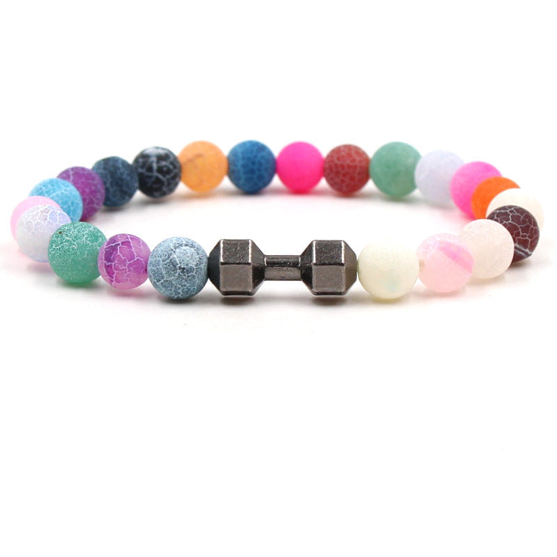 Weathered Agate Stone Bead Dumbbell Cross Elastic Bracelet