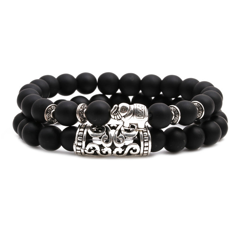 Lion Head & Owl Beaded Bracelet Set with Matte Black Onyx and Curved Tube Design