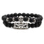 Lion Head & Owl Beaded Bracelet Set with Matte Black Onyx and Curved Tube Design