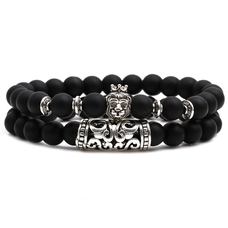 Lion Head & Owl Beaded Bracelet Set with Matte Black Onyx and Curved Tube Design