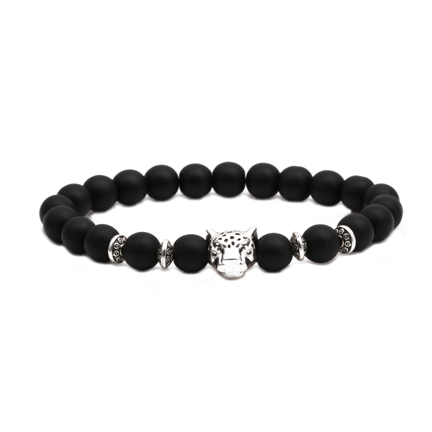 Lion Head & Owl Beaded Bracelet Set with Matte Black Onyx and Curved Tube Design