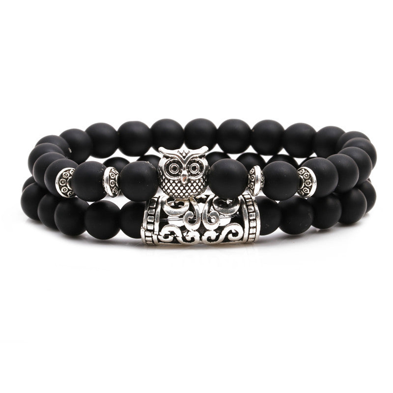 Lion Head & Owl Beaded Bracelet Set with Matte Black Onyx and Curved Tube Design