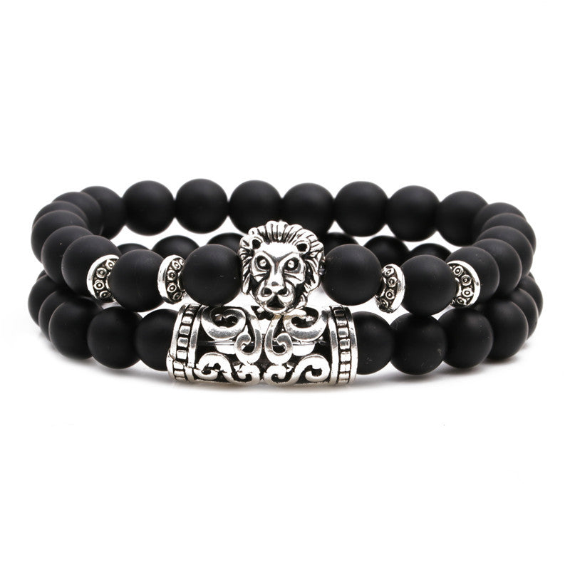 Lion Head & Owl Beaded Bracelet Set with Matte Black Onyx and Curved Tube Design