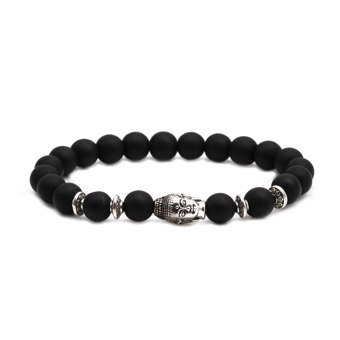 Lion Head & Owl Beaded Bracelet Set with Matte Black Onyx and Curved Tube Design