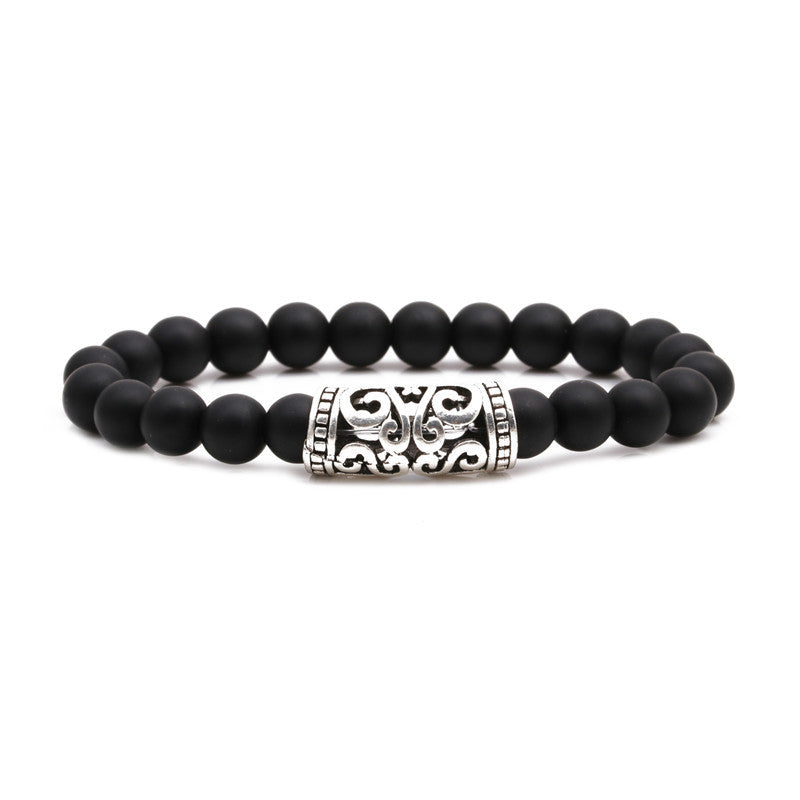 Lion Head & Owl Beaded Bracelet Set with Matte Black Onyx and Curved Tube Design