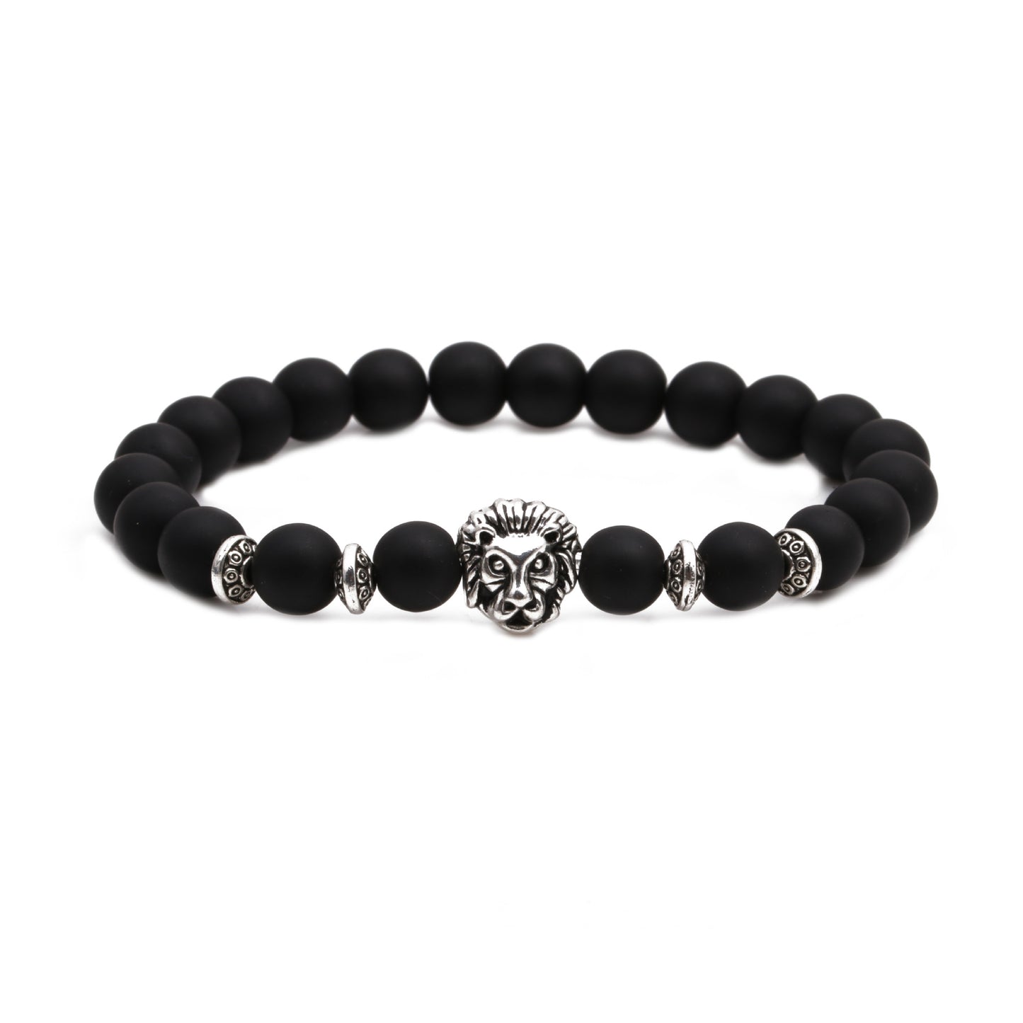 Lion Head & Owl Beaded Bracelet Set with Matte Black Onyx and Curved Tube Design