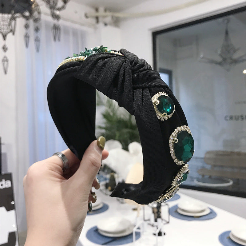 Baroque Emerald Knit Knotted Wide Headband with Rhinestones