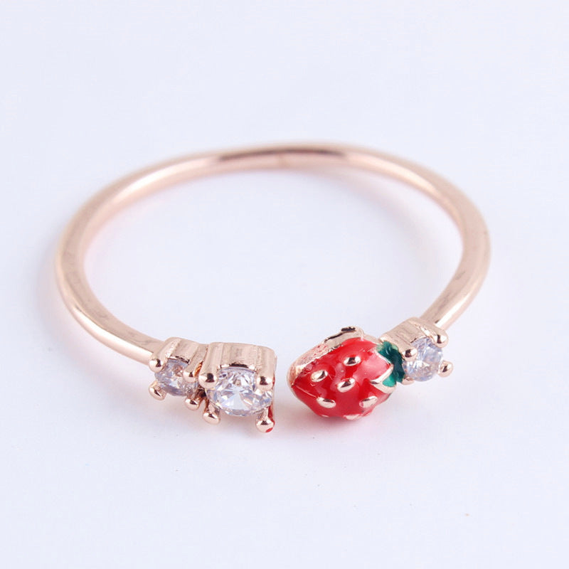 Korean Fashion Cherry Zircon Earrings and Strawberry Friendship Rings Set