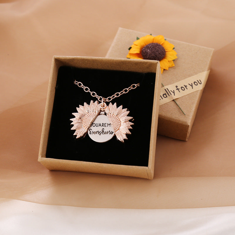 Fashion Open Double-sided Lettering Sunflower Pendent Necklace