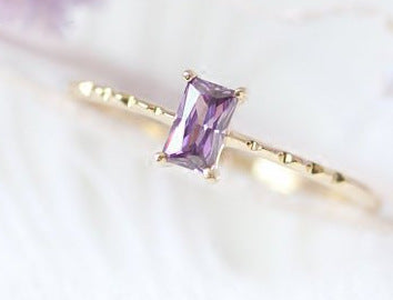 Simple Square Sterling Silver Crystal Inlay Ring - 14k Gold Plated Purple Gemstone Design