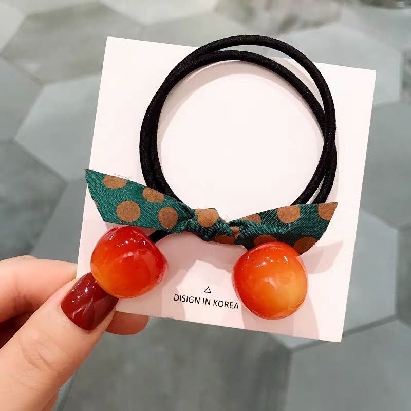 Women's Elegant Artistic Cherry Acrylic Hair Tie and Leather Ponytail Holder