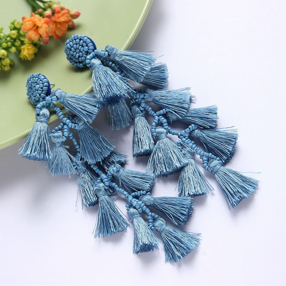 Long Hand-knitted Rice Beads Tassel Earrings NHJQ141840