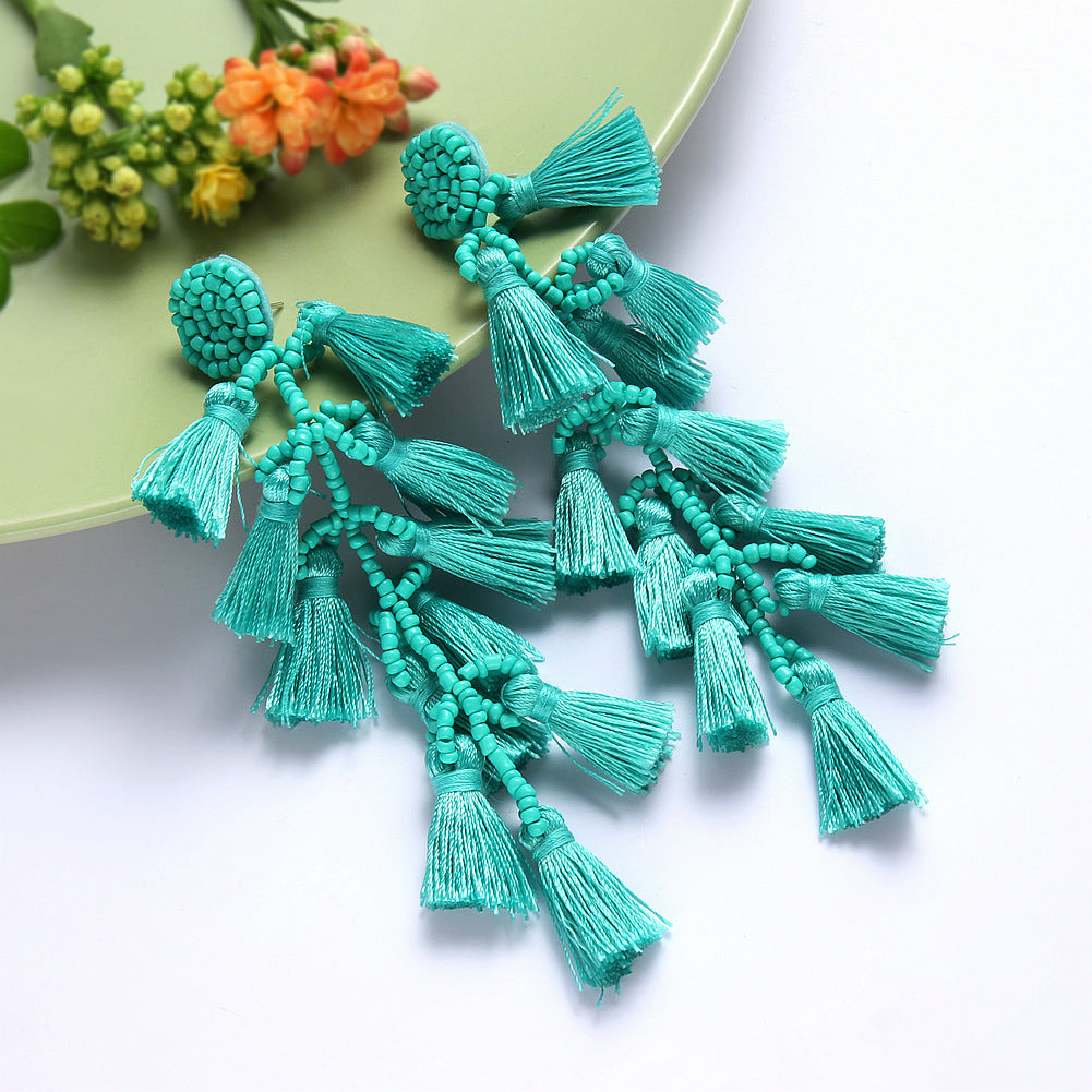Long Hand-knitted Rice Beads Tassel Earrings NHJQ141840
