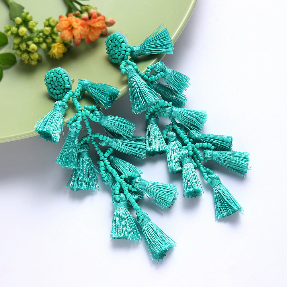 Bohemian Hand-Knitted Rice Beads Fan Tassel Earrings