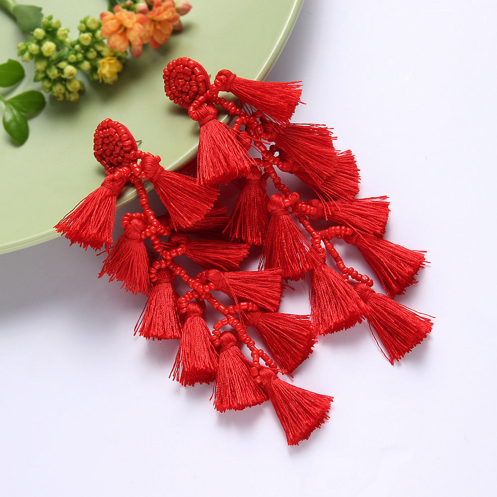 Bohemian Hand-Knitted Rice Beads Fan Tassel Earrings