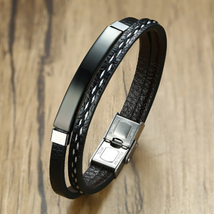 Fashion Geometric Stainless Steel PU Leather Braided Bracelet