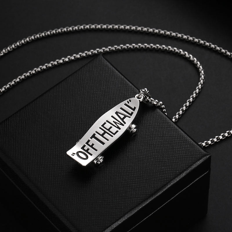 Hip-Hop Punk Cross Feather Titanium Steel Pendant Necklace with Letter Skateboard Pendant