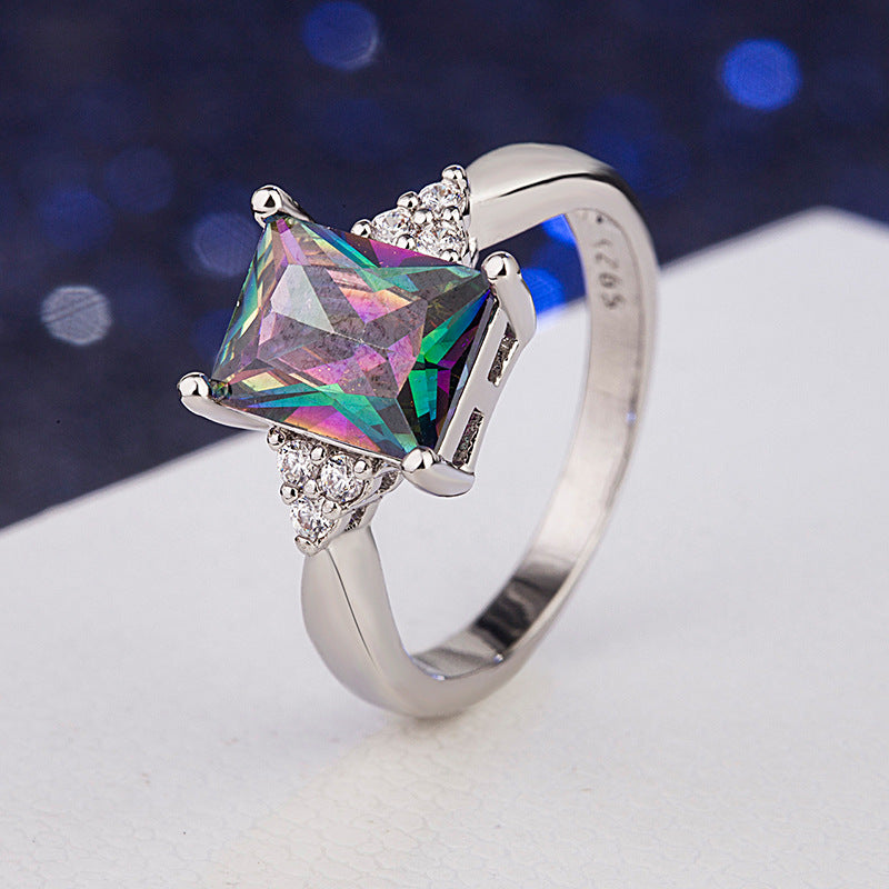 Korean Square Colorful Stone Micro-inlaid Color Zircon European And American Wild Ring