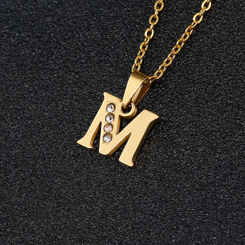 Fashion Letter Zircon Inlay Titanium Steel Initial Necklace