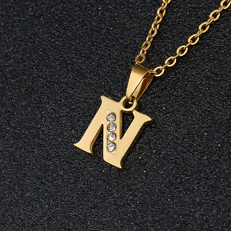 Fashion Letter Zircon Inlay Titanium Steel Initial Necklace