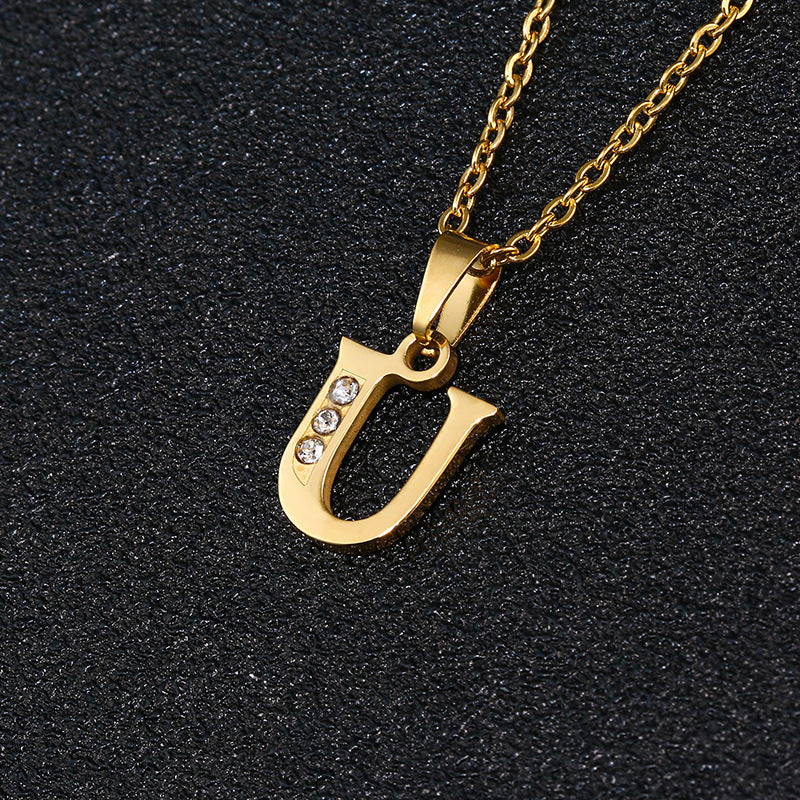 Fashion Letter Zircon Inlay Titanium Steel Initial Necklace