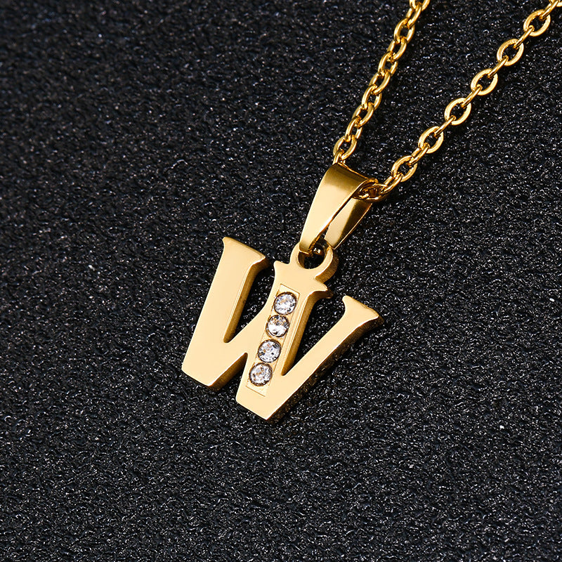 Fashion Letter Zircon Inlay Titanium Steel Initial Necklace