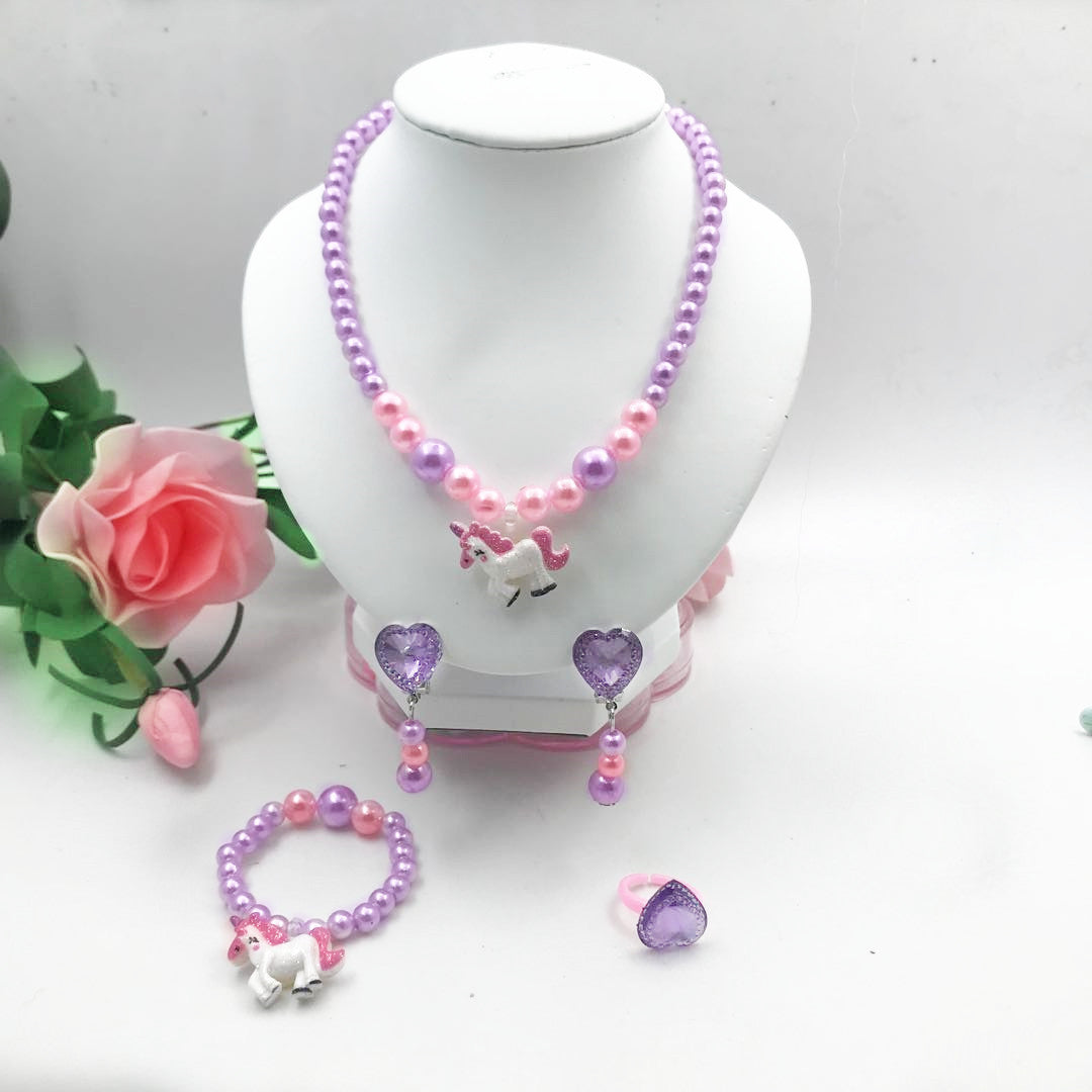 New Children's Necklace Bracelet Ring Earring Ear Clip Set Girl Birthday Toys