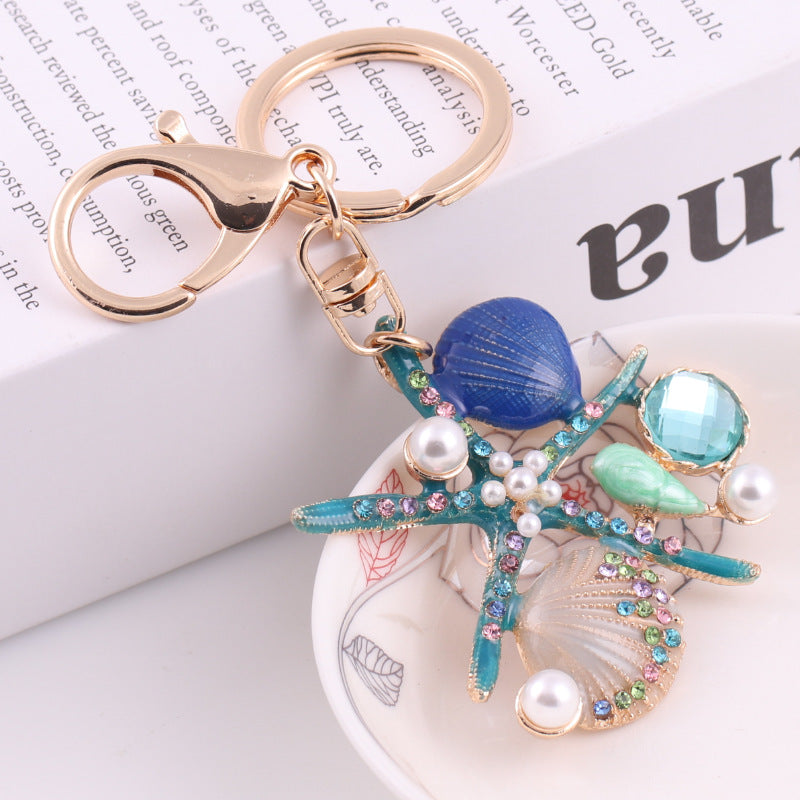 Beach Starfish Shell Rhinestone Pearl Keychain Necklace