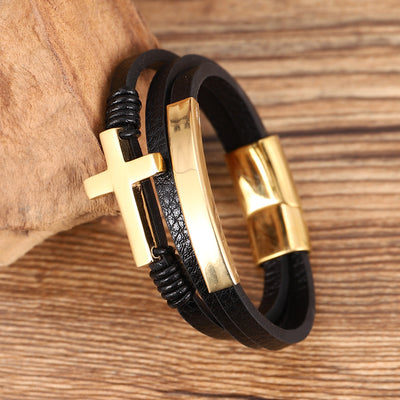 Retro Cross Gold Stainless Steel Multi-Layer Braided Leather Men's Bracelet