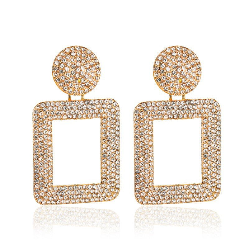 New Earrings Style Fashion Exaggerated Earrings Temperament Flash Diamond Geometric Square Earrings Diamond