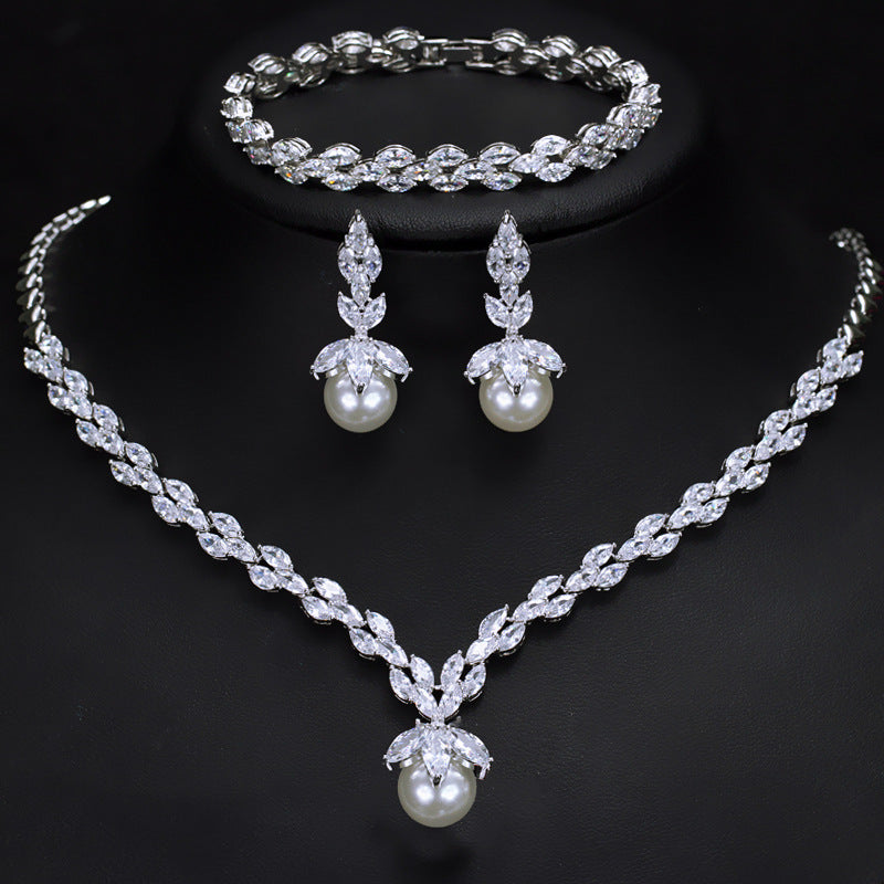 Luxurious Bridal Water Droplet Gemstone & Pearl Jewelry Set - White Gold & Rhodium Plated