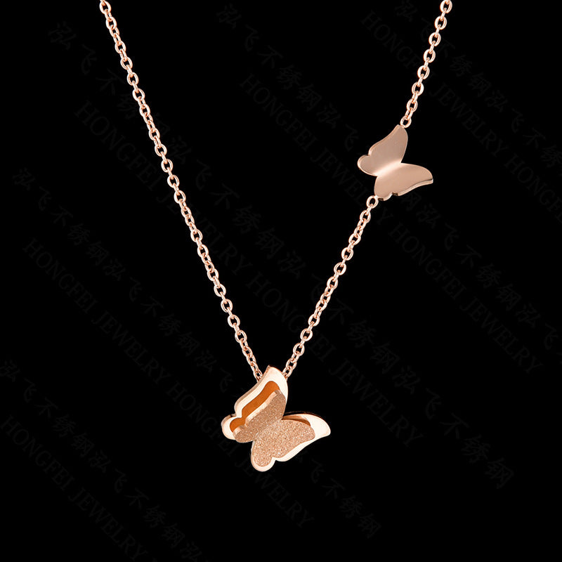 Exquisite Double Layer Frosted Butterfly Necklace Stainless Steel Clavicle Chain