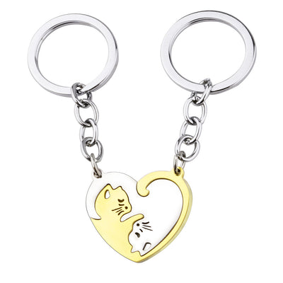 2 Piece Heart Shape Cat Stainless Steel Pendant Keychain Necklace Set