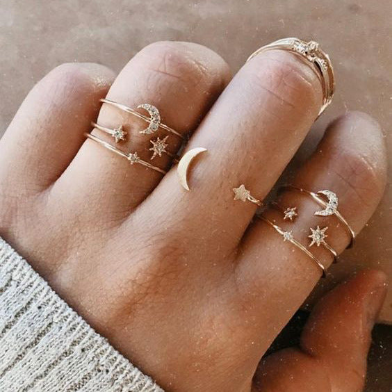 Diamond Butterfly Retro Pentagram Gold Plated Ring Set - 5 Pieces, Multiple Designs