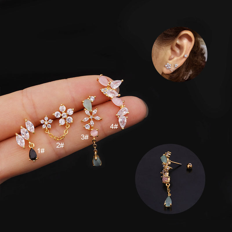 Korean Stainless Steel Thread Flower Zircon Drop Earrings