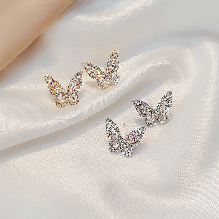 S925 Sterling Silver Needle Retro Style Butterfly Earrings Rhinestone Glittering Small Earrings New Temperament Super Fairy Earrings