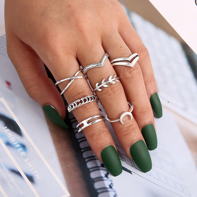 Vintage Moon Leaf Double Layer Ring Set - 7 Piece Alloy Jewelry Collection