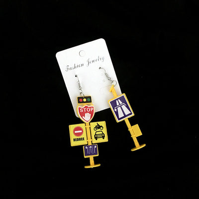 Geometric Letter Acrylic Ear Clips and Traffic Sign Novelty Necklace Set