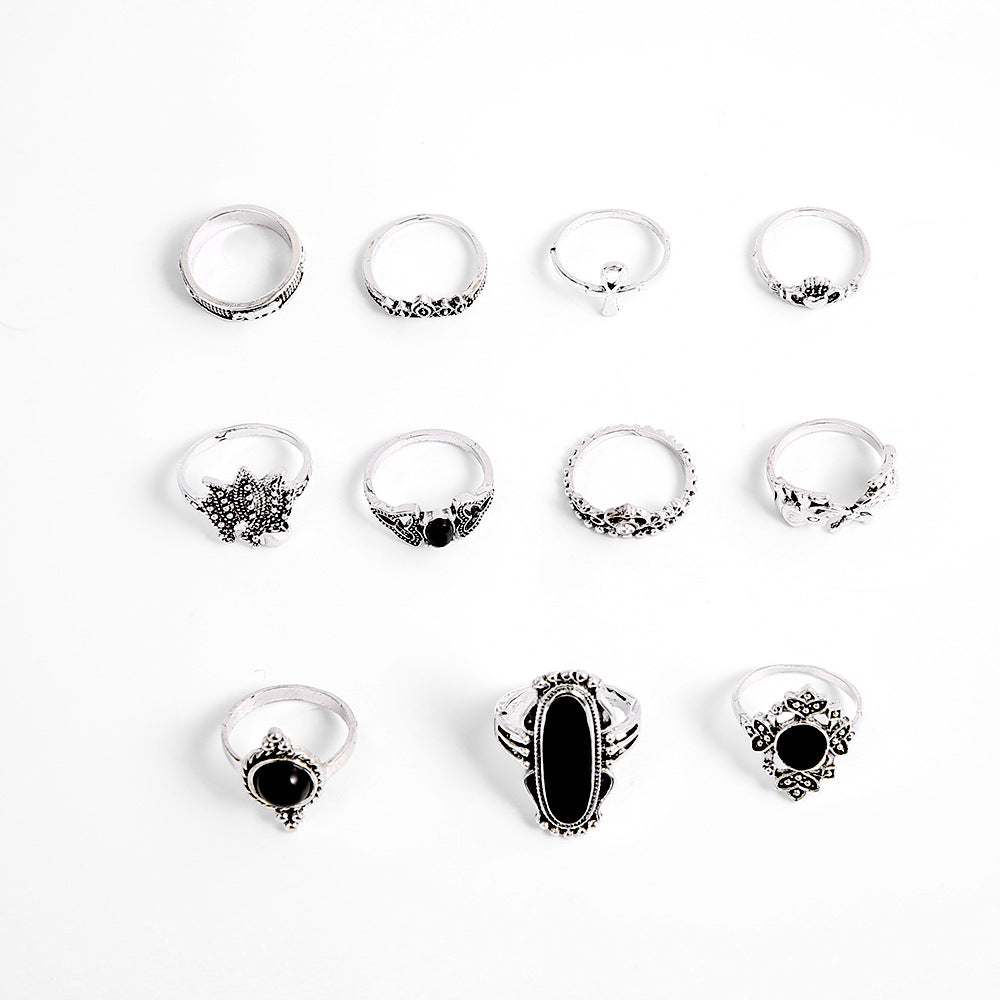 Bohemian Black Elephant Lotus Crown Ring Set - 11 Pieces