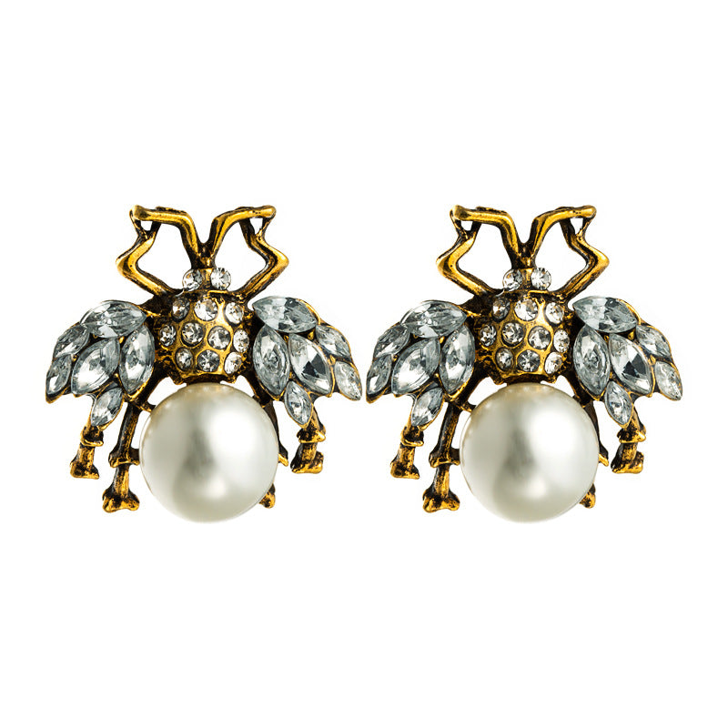 Retro Bee Pearl Rhinestone Stud Earrings