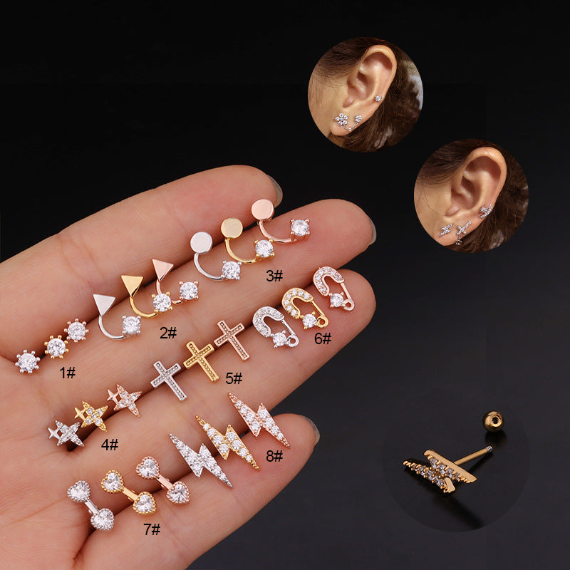 Geometric Lightning Zircon Stud Earrings for Women - Stainless Steel & Copper